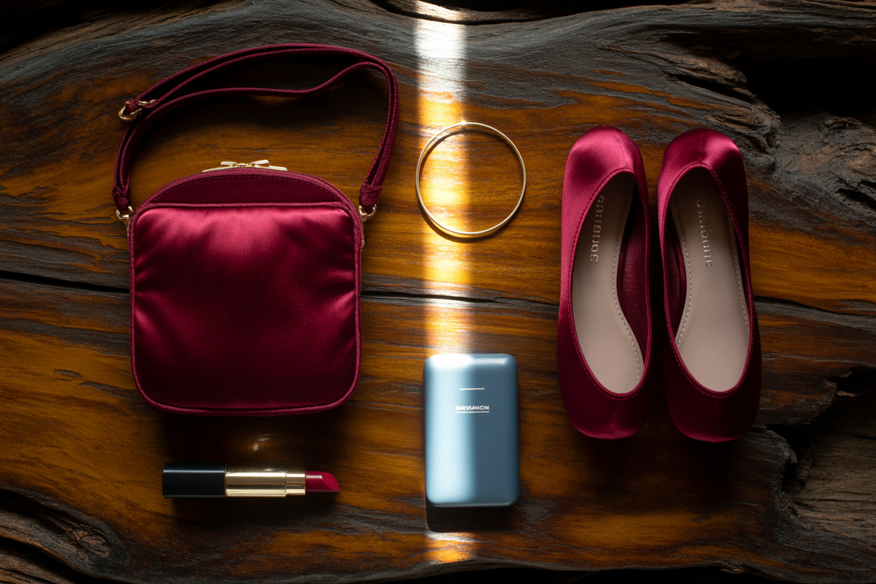 Overhead shot from directly above, perfectly centered. A luxury editorial flat lay on deep warm aged wood — the complete chronic illness night-out kit arranged with intentional editorial composition: a small structured crossbody bag in deep burgundy satin, a pair of foldable flats in their satin pouch beside it, a single large gold hoop earring, a small waterproof medication pouch, a bold lip color in deep red. Single shaft of warm light from the upper left, creating long shadows behind each item. Physical drama: the light catches each item differently — the bag satin gleaming, the gold earring glinting, the lip color catching a point of red in the warm light. Items arranged as a luxury editorial spread on aged wood — weighted, shadowed, intentional. No floating, no white background. No text anywhere in the image.