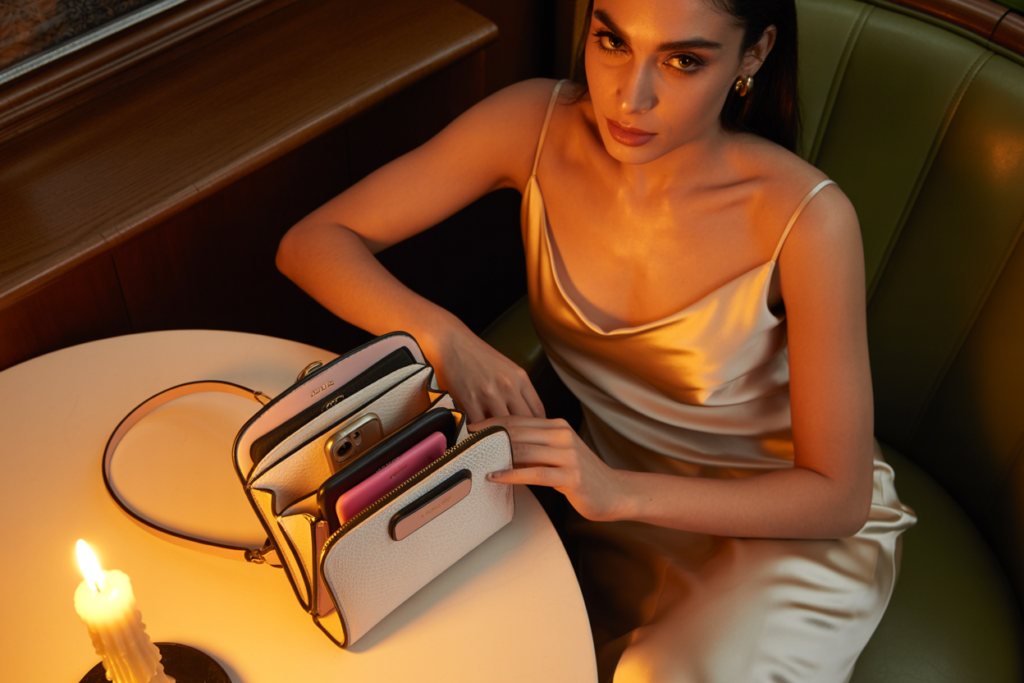 30-degree angle from slightly above, intimate. A Middle Eastern woman — warm olive skin, wearing a satin slip dress in champagne — seated at a small restaurant table, one hand resting on a small structured crossbody bag on the table beside her. The bag is open slightly, the organized interior visible but not revealing — a suggestion of compartments, a small pouch, the edge of a phone. Warm candlelight from a candle on the table to her left, the only light source, casting warm amber across the table surface, the bag, and her hand. Physical drama: the candlelight catches the structured bag and makes its texture — satin, velvet, or quality leather — visible and deliberate. Her hand resting on it is not gripping — just present, the particular gesture of someone who knows everything they need is already there. Emotional specificity: the quality of her posture at the table carries the very specific ease of someone who has prepared well — nothing is being managed, nothing is being worried about, the evening simply belongs to her. No text anywhere in the image. Shot on medium format film, candlelit editorial, warm amber and champagne.