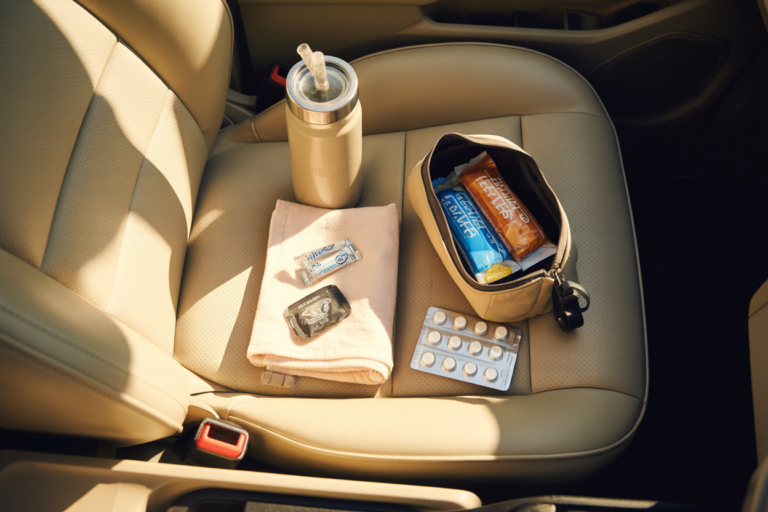 Overhead shot from directly above, perfectly centered. The passenger seat of a parked car — viewed from directly above — organized and nourishment-ready. A 32-ounce insulated water bottle with straw lid in the cupholder. A small zippered pouch open beside it containing two protein bars, a small pill organizer, and a few electrolyte packets. A soft blanket folded on the seat beside the pouch. Everything visible, everything within reach, everything already there. Warm late afternoon light through the window casting soft shadows from each item across the cream seat surface. Physical drama: the overhead angle makes the organization of the passenger seat the entire composition — each item casting a distinct soft shadow, the light falling across the water bottle and making the straw catch warmth, the pouch open and ready. The seat looks prepared rather than cluttered — intentional rather than accumulated. Emotional specificity: the organized passenger seat carries the very specific quality of care done in advance — someone thought ahead for this body, made sure it would have what it needs before the day asked for it. No text anywhere in the image. Shot on medium format film, overhead editorial, warm afternoon light.