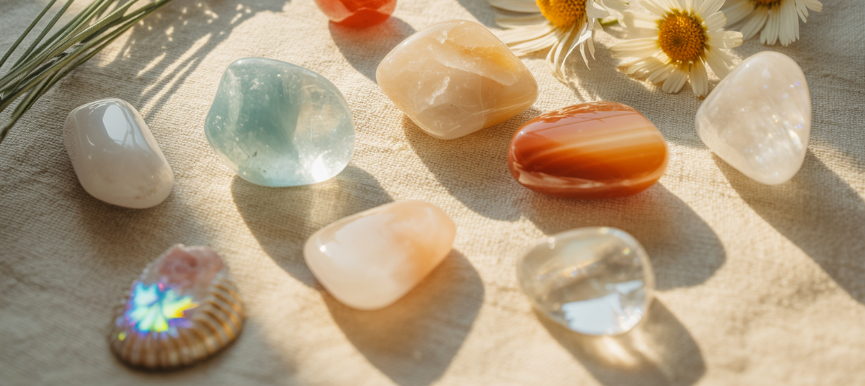 An editorial flatlay on a warm white linen surface in bright summer light — a loose arrangement of summer crystals including aquamarine, moonstone, carnelian, and clear quartz, interspersed with small summer botanicals — a sprig of dried lavender, a few fresh chamomile blooms, a small shell — arranged with generous space between each element. Warm golden summer light from above. No heavy or dark crystals. The whole image feels light, airy, and seasonal. Pinterest pin format 2:3 vertical. Photorealistic. No text. No words. No letters.