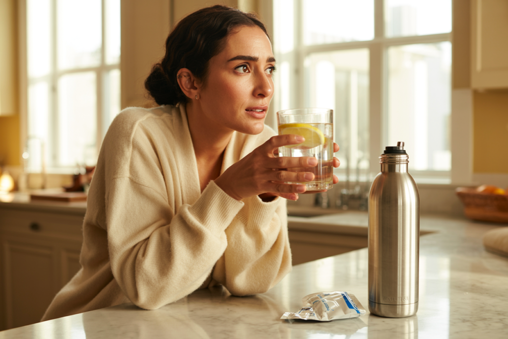 A Latina woman in her 30s with dark wavy hair pulled back, sitting at a bright kitchen counter in soft morning light, holding a large glass of electrolyte water with a lemon slice — she looks tired but determined, like someone who has finally figured something out after years of trying. An electrolyte packet torn open beside the glass, a large insulated water bottle nearby. Warm cream and golden morning tones. Editorial luxury wellness lifestyle aesthetic. Full body shot head to toe. Pinterest pin format 2:3 vertical. Photorealistic. No text. No words. No letters.