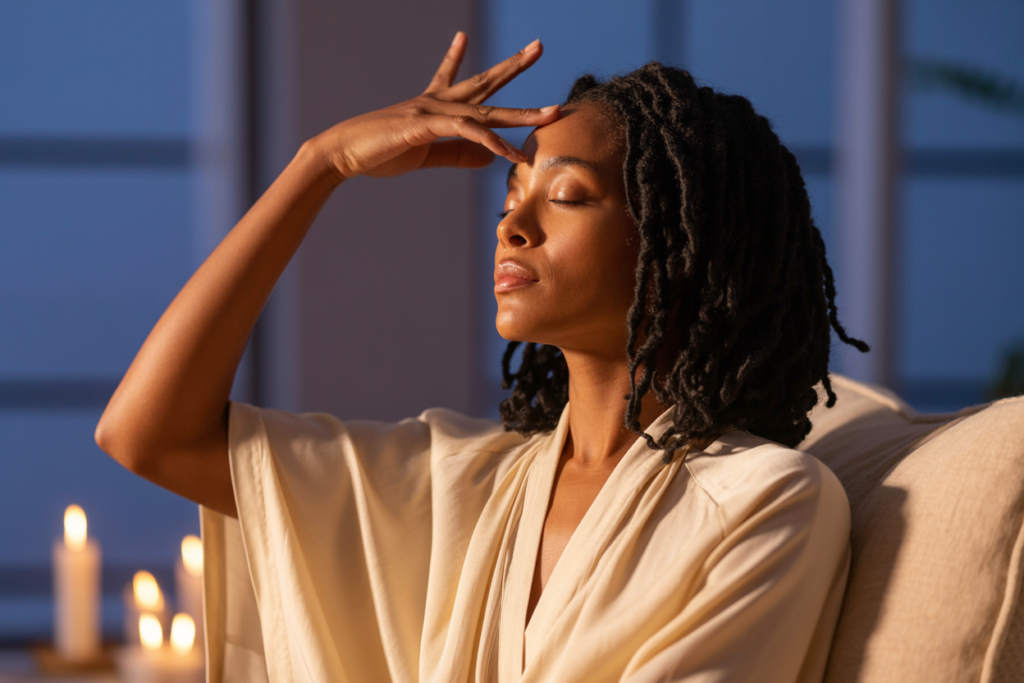 A Black woman with natural coils in her late 30s sitting cross-legged on a cream meditation cushion in soft indigo-toned evening light, one hand raised gently to her forehead with fingertips resting at the third eye point between her brows, eyes closed, expression deeply inward and quietly concentrated — not performing spirituality, but genuinely turning toward something inside herself. Deep indigo and cream tones throughout. Soft candlelight in the background. Editorial luxury wellness lifestyle aesthetic. Full body shot head to toe. Pinterest pin format 2:3 vertical. Photorealistic. No text. No words. No letters.