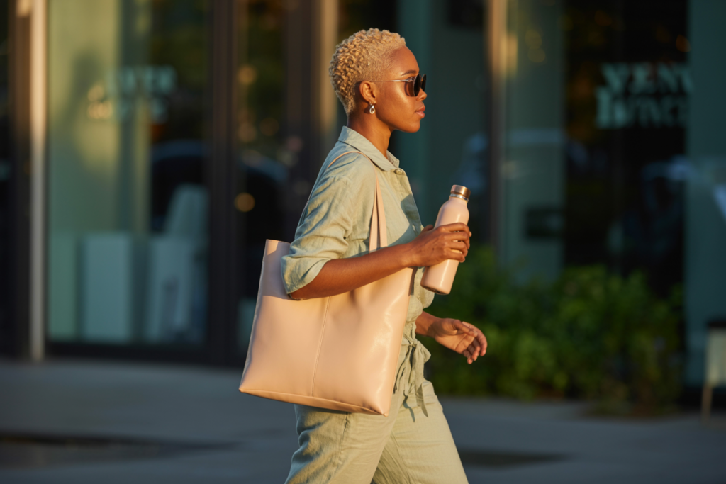 A street style editorial shot of a light-skinned Black woman with TWA natural hair, mid-stride on a bright city sidewalk on a summer day — walking with purpose and quiet confidence, a beautiful slim tote bag over her shoulder, a portable water bottle in hand, sunglasses on, dressed in an elevated soft linen outfit. She looks like someone who just came from an appointment where she got real answers. Warm golden summer light. Editorial luxury lifestyle aesthetic. Full body shot head to toe. Pinterest pin format 2:3 vertical. Photorealistic. No text. No words. No letters
