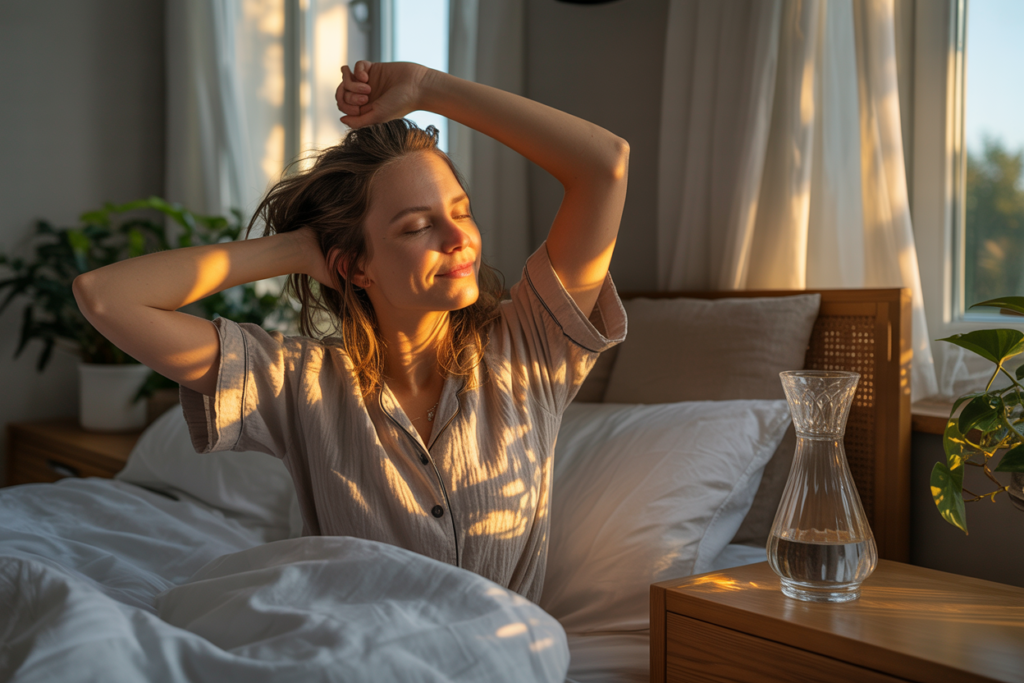WOMEN WAKING UP GENTLY WITH WATER CARFARE, PLANTS AND STRETCHING
