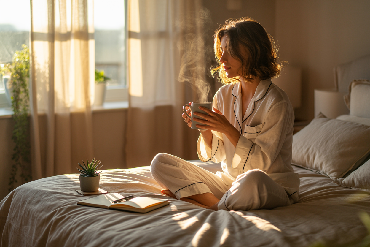 WOMEN WAKING UP GENTLY HOLDING A CUP OF TEA, A JOURNAL AND PLANT.