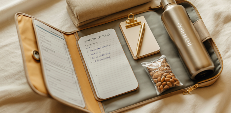 An editorial shot of a beautifully organized medical appointment bag laid open on a cream linen surface — contents arranged around it like a flatlay — a slim document folder with papers visible inside, a small symptom tracking journal open to a filled entry page, a compact notepad with a gold pen clipped to it, a large insulated water bottle, a cooling towel folded neatly, a small snack pack of nuts, a medication organizer pouch. Everything looks intentional and prepared. Warm cream and golden tones. Editorial luxury wellness lifestyle aesthetic. Pinterest pin format 2:3 vertical. Photorealistic. No text. No words. No letters.