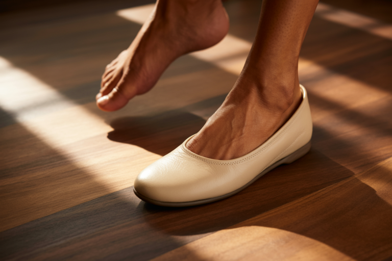 An extreme close-up macro photograph captured at a 45-degree angle from above, showing a pair of women's feet with warm medium brown skin and natural unpolished toenails stepping across a dark wood floor. One foot is captured mid-stride wearing a clean supportive flat in soft cream leather, while the other foot is just lifting, creating a sense of effortless movement and natural gait. Dramatic raking sidelight streams from the left across the rich wood grain, catching the structured edge of the shoe sole and illuminating the curve of the arch, while deep shadows reveal the substantial cushioning and support built into the footwear. Shot on medium format film with macro editorial precision, the warm wood tones and soft leather textures create an intimate study of comfort and natural movement, where the relaxed positioning of the foot conveys the ease of well-supported steps.