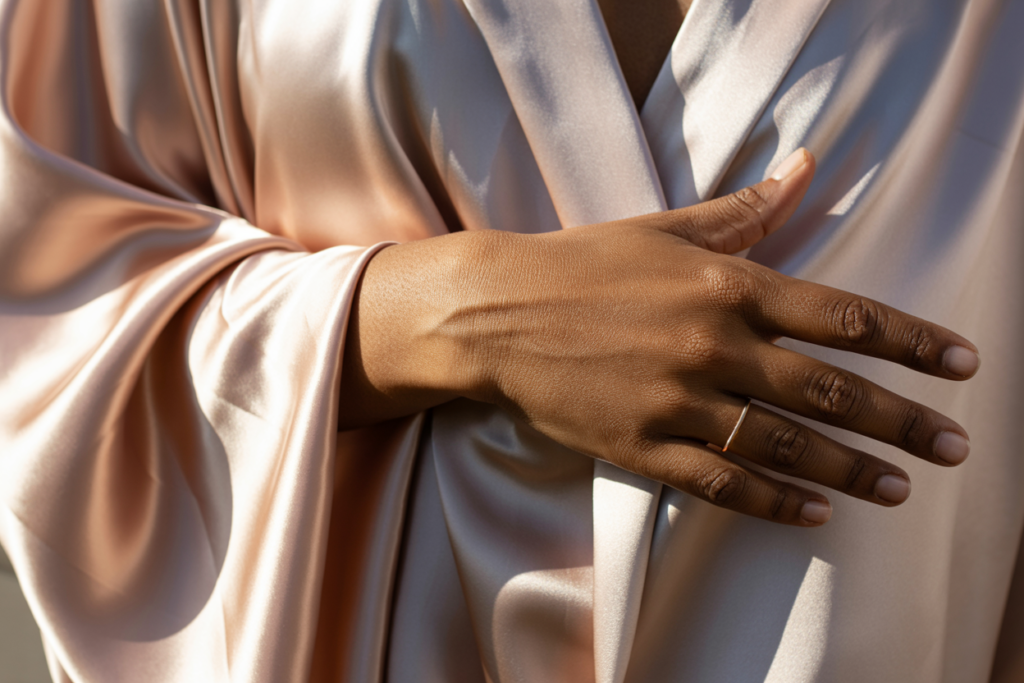 Extreme close-up, macro lens, 45-degree angle. The draped edge of a silk robe falling across the bare forearm and wrist of a Black woman — deep brown skin, natural unpolished nails, one thin gold ring on her index finger. The robe fabric is pale blush, pooling softly at the edge of the frame. Raking sidelight from the left creating long soft shadows across the silk folds, catching the luminosity of the fabric along every ridge. Physical drama: the silk catches light differently across each fold — some areas bright and almost liquid, others in deep shadow — creating intense visual texture that emphasizes how fluid and frictionless the material is. Emotional specificity: her hand rests completely open and released, palm slightly upward, the particular posture of a body that has stopped bracing. No text anywhere in the image. Shot on medium format film, editorial luxury aesthetic, warm tones.