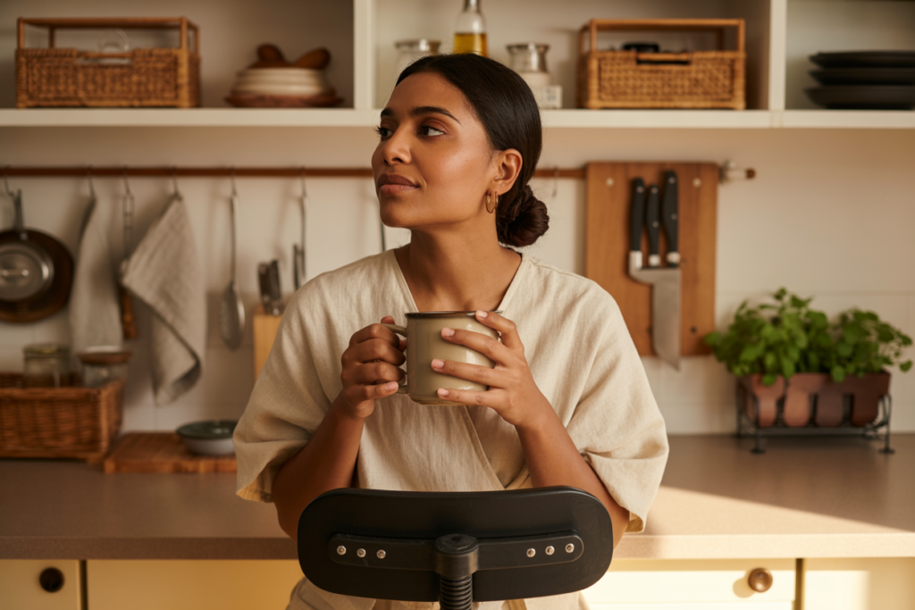 45-degree angle from slightly above, intimate editorial. A South Asian woman — warm medium brown skin, dark hair in a loose bun, wearing a cream linen wrap top — seated on an adjustable-height stool with back support at a kitchen counter, both hands around a wide ceramic mug, not cooking, just pausing. The kitchen behind her is warm and organized — rattan organizers on open shelving, a wood magnetic knife strip, linen towels, a small herb planter. Warm late afternoon light from behind her creating a soft rim along her shoulders and the edge of the stool. Physical drama: the rim light catches the edge of her seated figure and the back of the stool simultaneously, making both look warm and grounded in the kitchen space. The organized shelving behind her is visible but soft-focus — present and intentional without competing. Emotional specificity: her paused posture with the mug carries the very specific quality of someone who has finished a task in a kitchen that did not fight her — a body between moments, unhurried, not recovering, just resting in a space that worked. No text anywhere in the image. Shot on medium format film, warm afternoon editorial.