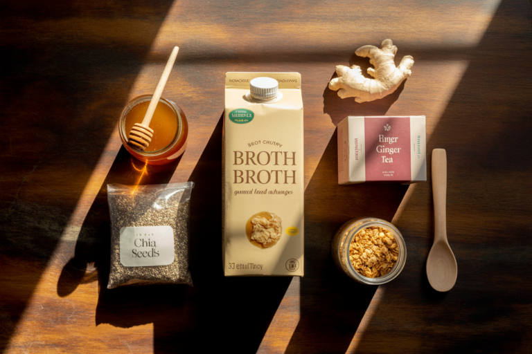 Overhead shot from directly above, perfectly centered. A luxury editorial flat lay on deep warm aged wood — five gut-healing pantry staples arranged with intentional editorial composition: a carton of bone broth in warm cream packaging, a small amber jar of manuka honey with a wooden dipper resting across its lid, a bag of chia seeds with a small ceramic spoon beside it, a box of ginger tea with one tea bag pulled out and resting on the wood, a small glass jar of granola in warm golden tones. Single shaft of natural light from the upper left, creating long shadows behind each item. Physical drama: the light catches each item differently — the honey jar glowing amber, the bone broth carton casting a tall shadow, the chia seeds in their bag catching the light along the edge. Items arranged like a luxury editorial spread — weighted, intentional, nothing floating. No white background. No text anywhere in the image.