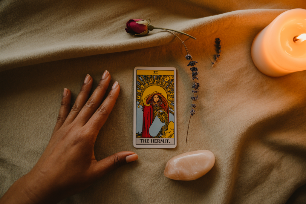 Overhead shot from directly above, perfectly centered. Warm amber candlelight from the right side creating long soft shadows across a deep warm linen surface. A single tarot card "THE HERMIT" face-up at the center of the frame, surrounded by a loose scattering of dried botanicals — a rose petal, a small sprig of dried lavender, one smooth pale crystal. Physical drama: the candlelight catches the edge of the crystal and throws a small prism of warm light across the linen beside the card. A South Asian woman's hand — brown skin, natural unpolished nails — enters the frame from the bottom left, fingers resting lightly on the edge of the card, not gripping, just touching. Emotional specificity: the hand has the particular stillness of someone who has just stopped, who is finally listening. Shot on medium format film grain, editorial luxury aesthetic, no text anywhere in the image.