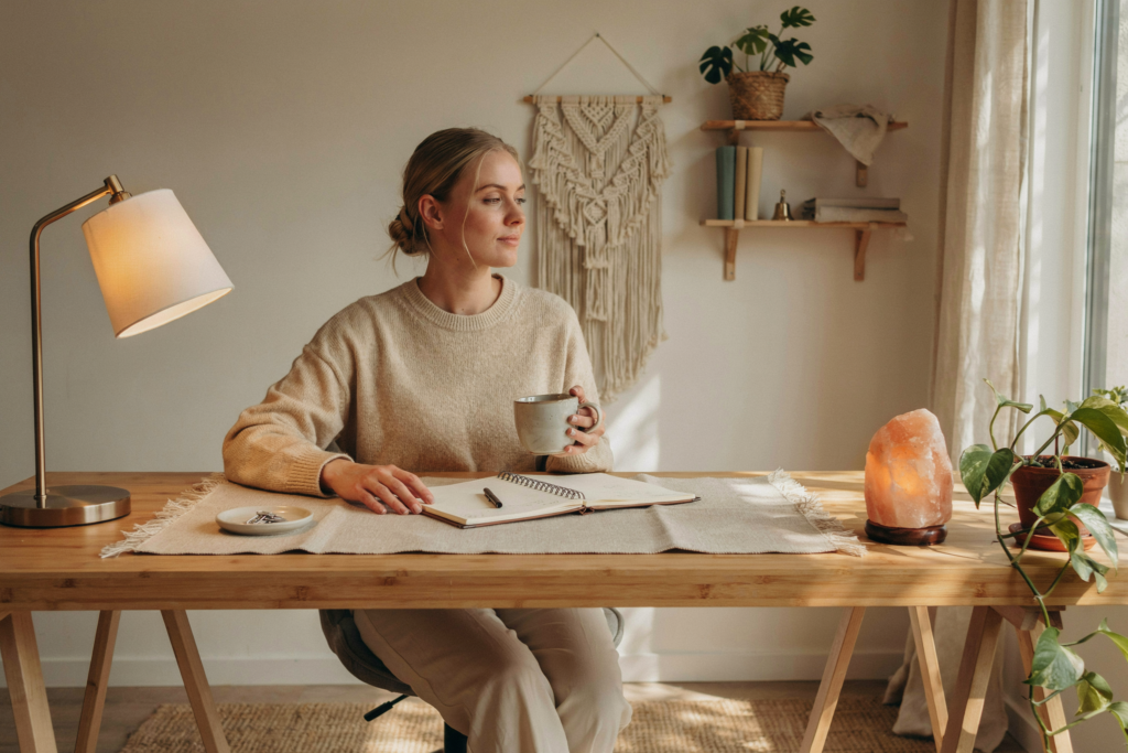 Wide shot from across the room at seated eye level. A full boho home office scene — bamboo desk, linen desk mat, trailing pothos at the corner, salt lamp glowing amber, warm desk lamp to the left, macramé at eye level on the wall behind, floating shelves to the side holding small plants and objects. Mid-afternoon warmth in the room — golden and low. White woman with blonde hair pulled back, seated at the desk, turned slightly toward the window, expression calm and easeful. Three-quarter Rembrandt lighting — warm lamp source primary, window light secondary. Emotional quality: a body that is not managing the room, only resting in it. Shot on medium format film, Kinfolk editorial aesthetic. No text in the image.