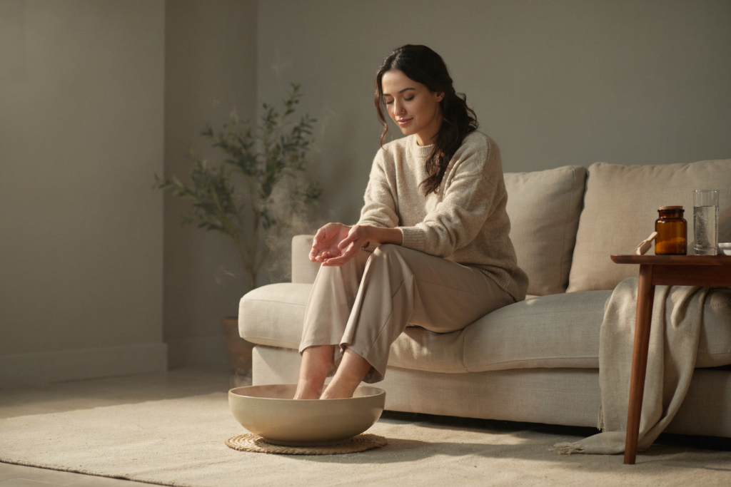 A Middle Eastern woman sitting comfortably on a sofa, both feet submerged in a warm foot spa basin on a waterproof mat in front of her, expression completely relaxed and receiving — eyes gently closed, hands resting open in her lap. A small jar of Epsom salts visible on the side table beside her, a glass of water nearby. Warm cream and soft neutral home tones. Soft lamp light. Editorial luxury wellness lifestyle aesthetic. Full body shot head to toe. Pinterest pin format 2:3 vertical. Photorealistic. No text. No words. No letters.