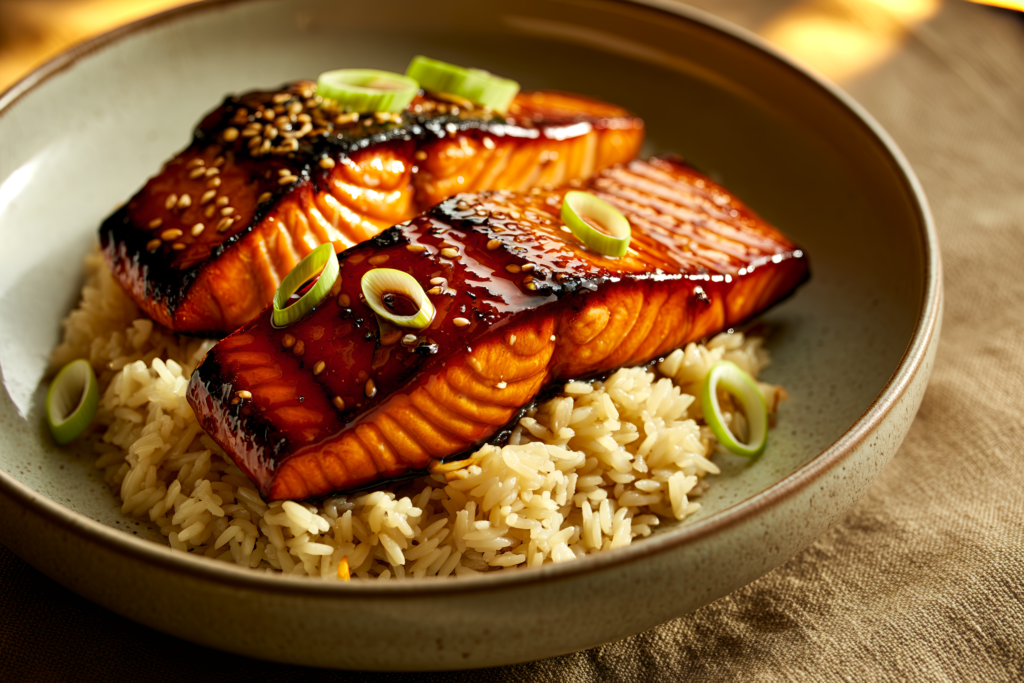 Editorial food photography of honey garlic salmon fillets glazed and glossy, served over rice, warm side lighting, minimal rustic ceramic plate, no hands, no people, no text