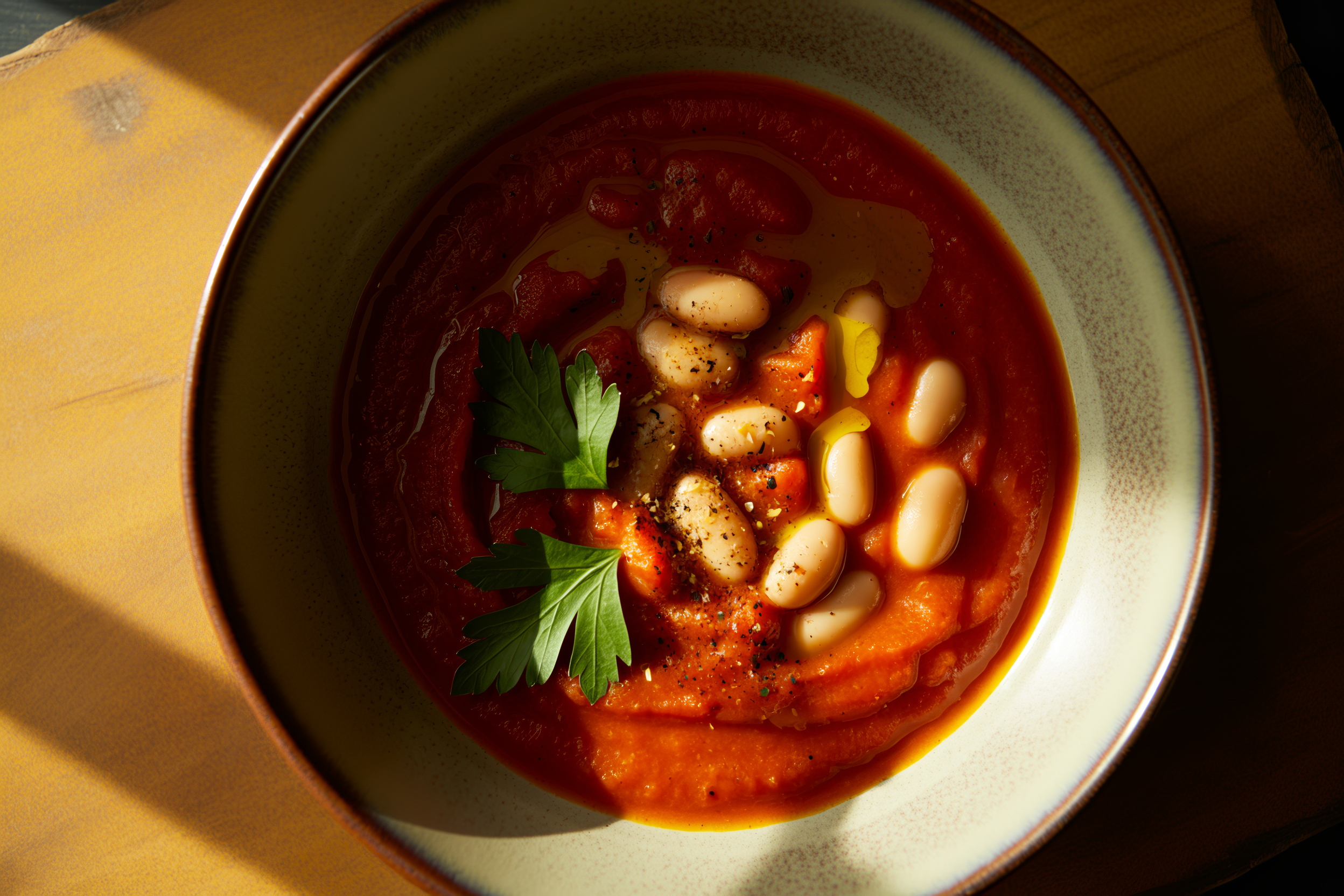 Editorial top-down food photography of roasted red pepper and white bean soup in a matte ceramic bowl, deep red-orange color, visible olive oil drizzle and fresh herb garnish, moody warm lighting, wooden surface, no hands, no people, no text
