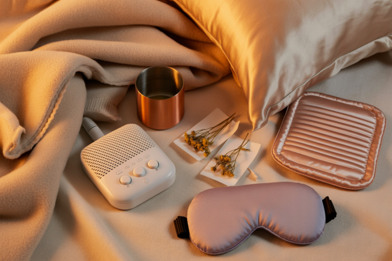 Chronic Illness Holiday Gifts , a white noise machine, herbal tea bags, heating pad , cashmere throw blanket, weighted eye mask, tumbler, silk pillowcase warm soft evening light, minimal styling, no people, no text