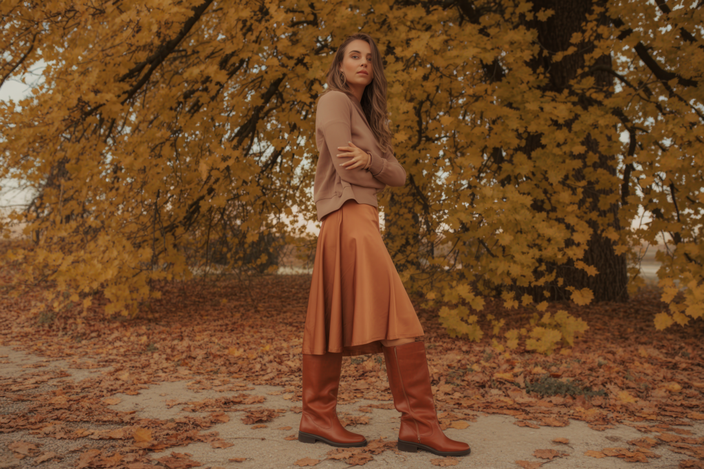 Editorial full-length fashion photograph of a woman in wide-calf knee-high boots under a midi skirt, standing near amber autumn trees, natural relaxed posture, warm light, no text