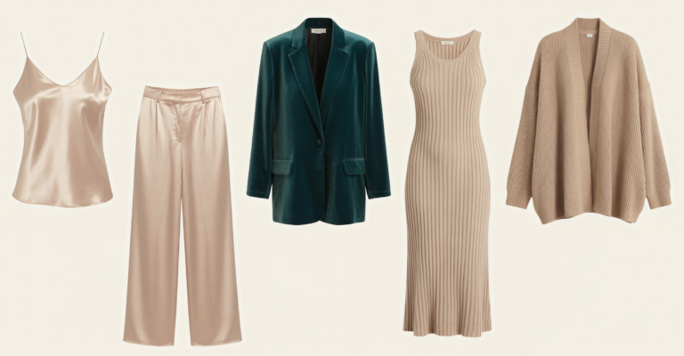 Editorial product photography grid on a solid cream background, individual clothing items shot separately and arranged in a loose asymmetric grid with even white space between each piece — a champagne satin cami top, matching satin wide-leg trousers, a deep emerald velvet blazer, a ribbed knit midi dress, and a soft oatmeal cardigan — each item photographed straight-on with soft consistent studio lighting and a subtle drop shadow, no model, no mannequin, clean minimal e-commerce style, no text