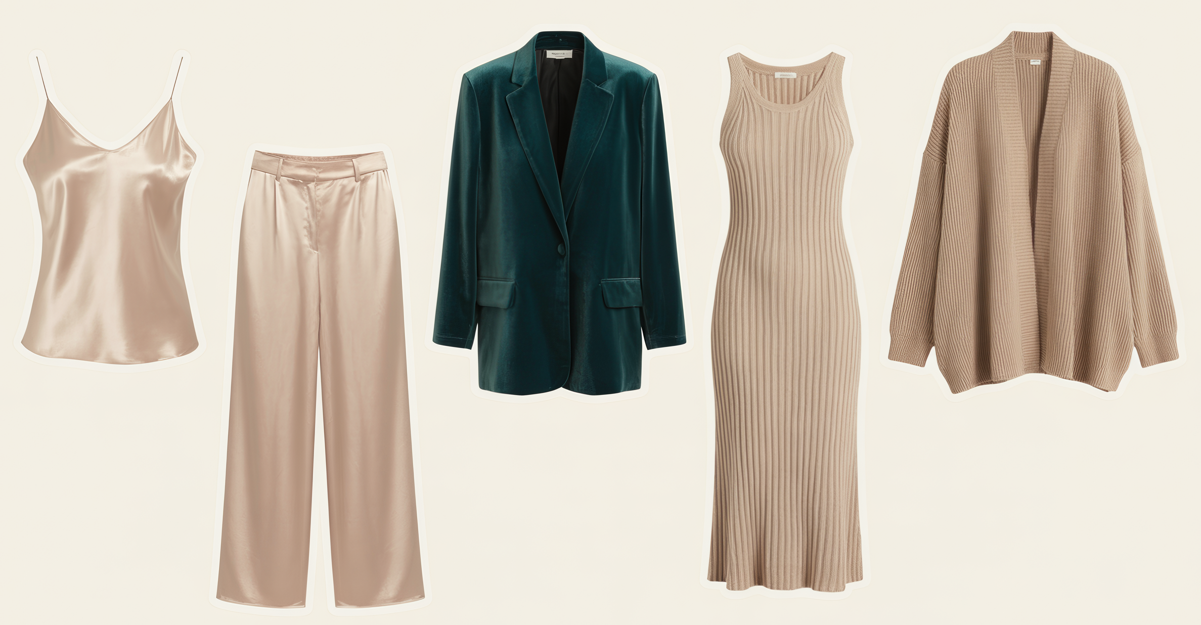 Editorial product photography grid on a solid cream background, individual clothing items shot separately and arranged in a loose asymmetric grid with even white space between each piece — a champagne satin cami top, matching satin wide-leg trousers, a deep emerald velvet blazer, a ribbed knit midi dress, and a soft oatmeal cardigan — each item photographed straight-on with soft consistent studio lighting and a subtle drop shadow, no model, no mannequin, clean minimal e-commerce style, no text