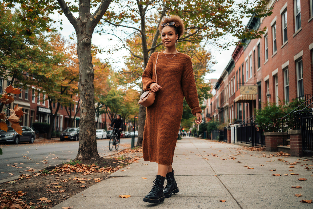 a black woman wearing fall oversized sweater maxi dress , combat boots and accessories