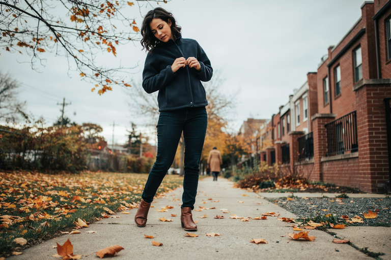 Editorial fashion photograph of a woman in her 30s pressing closed a snap-front navy fleece jacket, standing on a leaf-scattered sidewalk, soft overcast autumn light, relaxed casual posture, editorial street style photography, no text