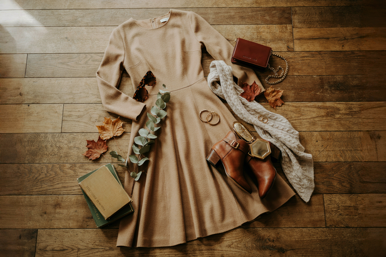 fall dress and accessory flat lay