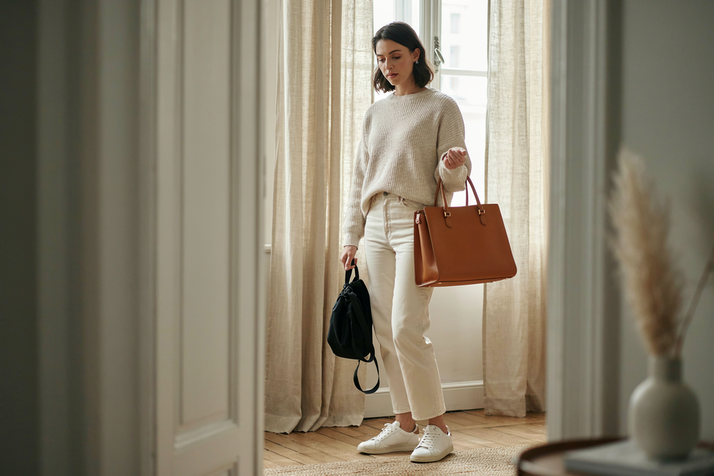 Editorial photograph of a woman in her 30s holding an empty nylon crossbody bag in one hand and a structured leather bag in the other, comparing their weight with a thoughtful expression, soft natural window light, editorial lifestyle photography, no text