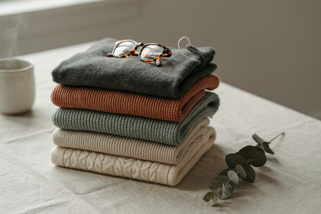 Editorial product photograph on a plain cream background: four folded sweater — soft cashmere, bamboo-cotton blend, modal blend, and TENCEL blend — stacked and fanned at varying heights and angles, dramatic warm directional lighting catching the distinct texture of each fabric, layered asymmetric composition, e-commerce editorial luxury aesthetic, no people, no text.